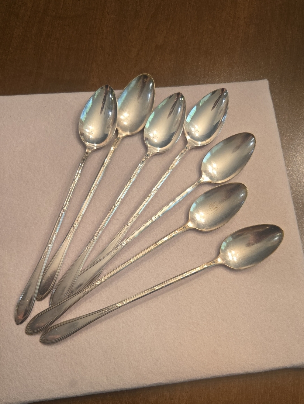 Vintage Silverplate Rosemary 1919 Iced Tea Spoons - Set of 7. 8.5"